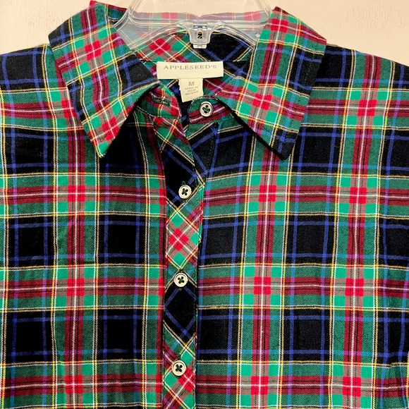 💥2/$15 NWOT Appleseed’s blue green red plaid Henley long sleeve top size medium - Picture 2 of 9